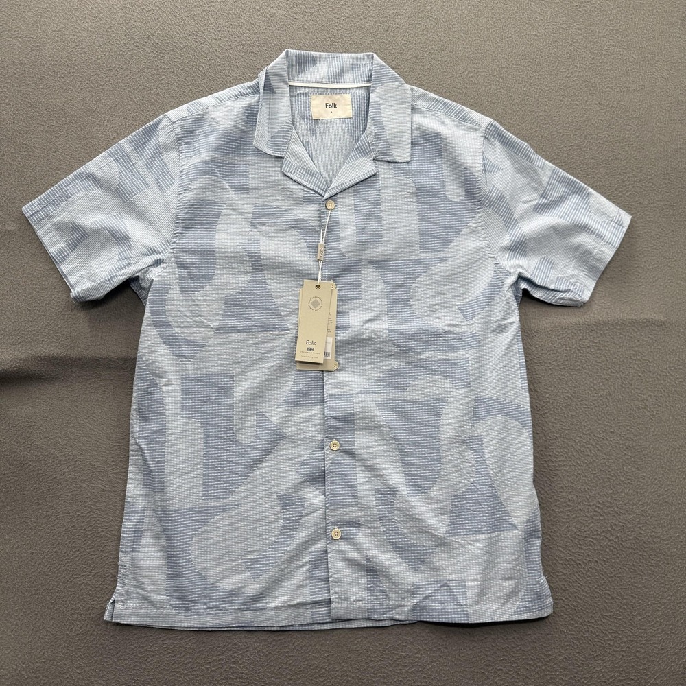 Folk Shirt Mens Large Blue Seersucker Short Sleeve Button Up Casual Graphic